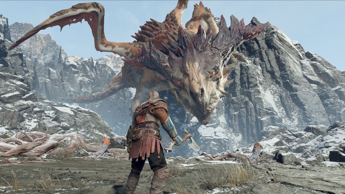 Kratos fighting a dragon