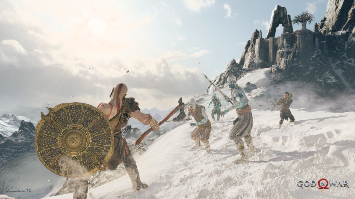 Kratos and Atreus in OTS combat against Norse enemies