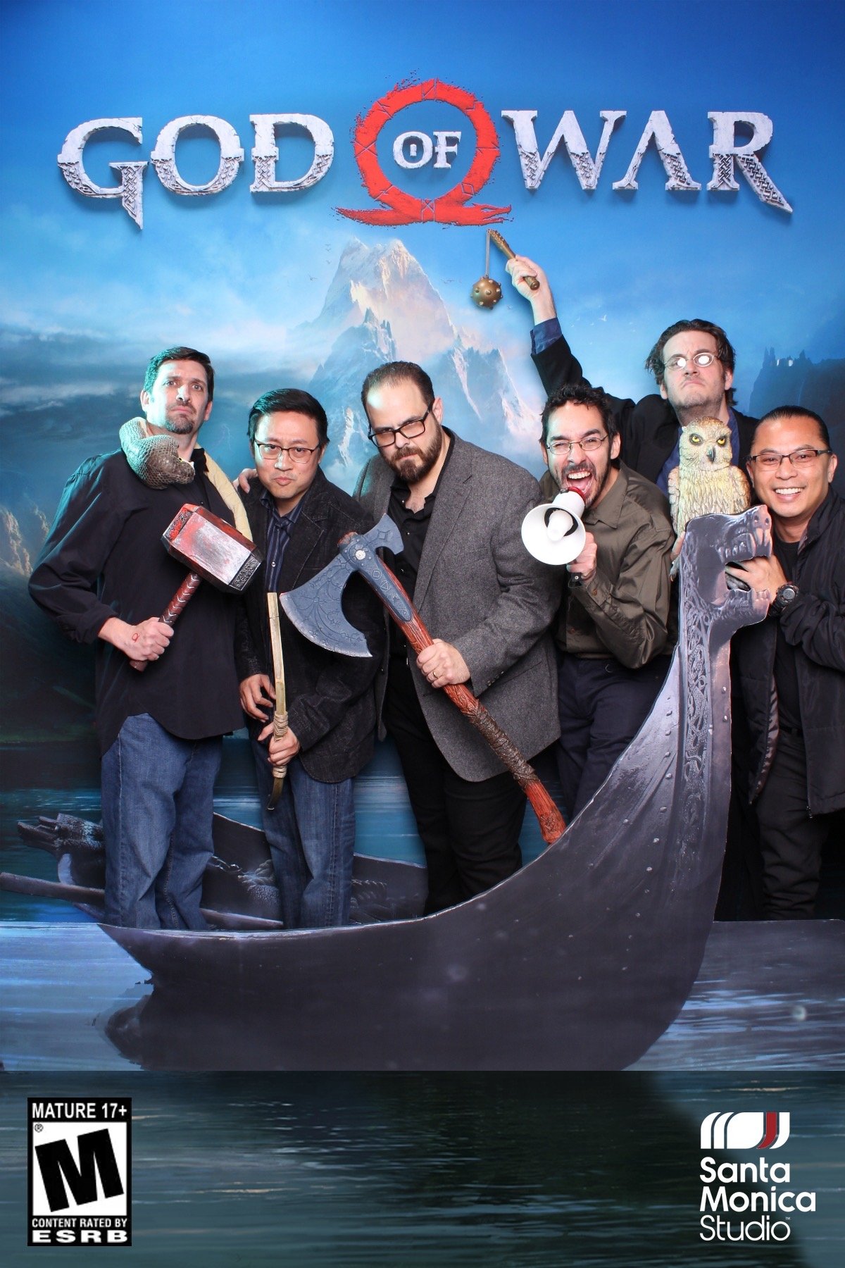 Santa Monica Studio team at GoW-themed photo booth