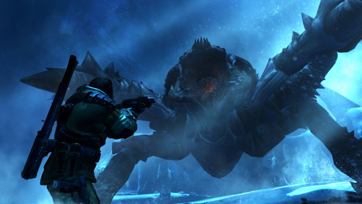 Akrid boss fight: Jim Peyton facing one of E.D.N. III's most dangerous creature encounters.