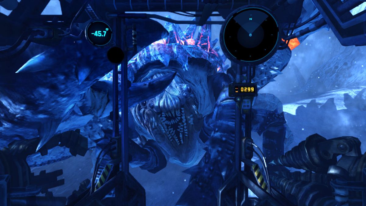 First-person mech combat: piloting the Utility Rig from the cockpit against the Akrid threat.